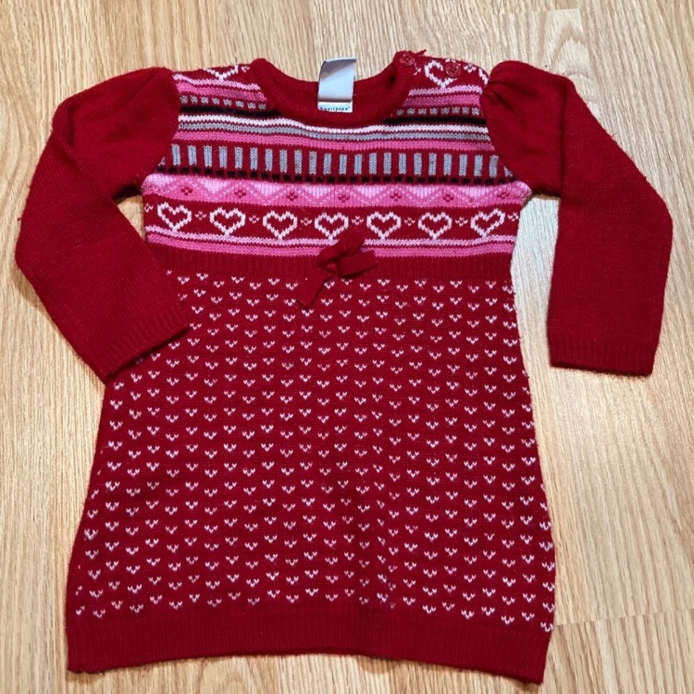 Healthtex Toddler‎ Girls Red Sweater Dress Hearts Striped Knit Holiday